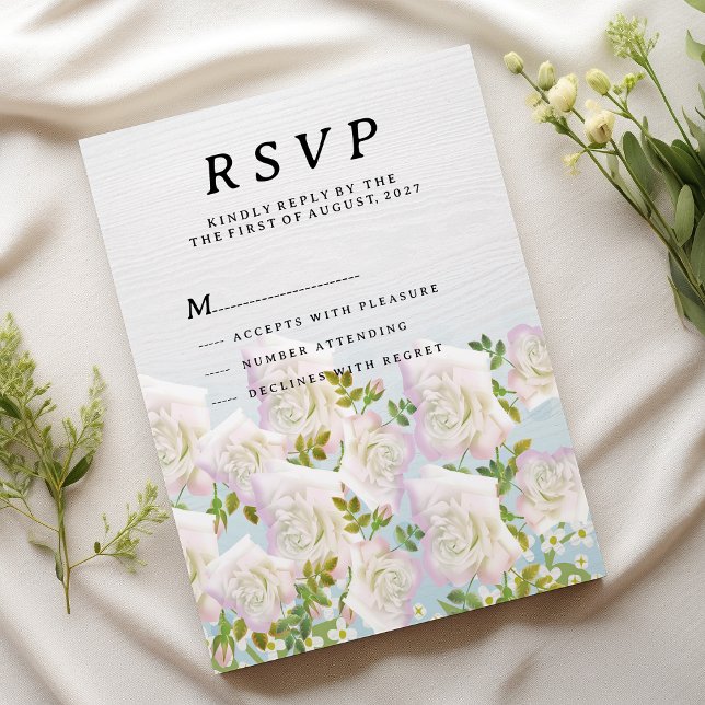 Invitation Roses rustiques à la menthe rose bois blanc RSVP (Rustic white wood pink mint roses RSVP )