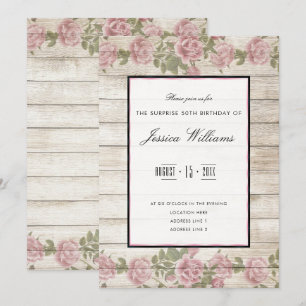 Invitation Roses Rustiques & Cadre en Bois pour Surprise 50e