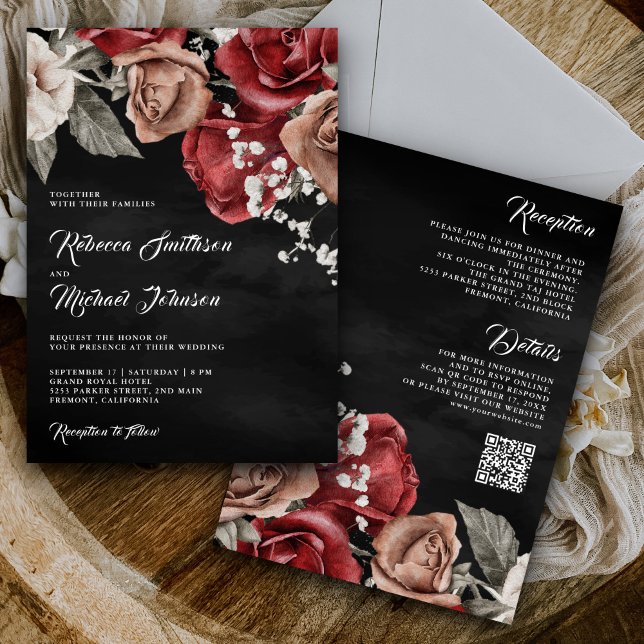 Invitation Roses Rustiques de Bourgogne Code QR Mariage Noir (Créateur téléchargé)