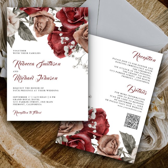 Invitation Roses rustiques de Bourgogne Tout en Un Code QR Ma (Créateur téléchargé)