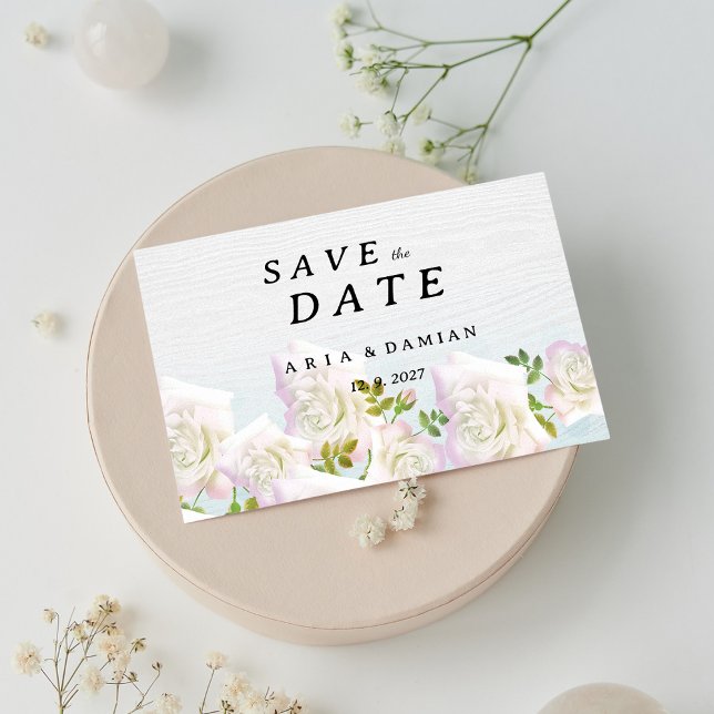Invitation Roses rustiques de menthe rose bois blanc Enregist (Rustic white wood pink mint roses Save the Date)