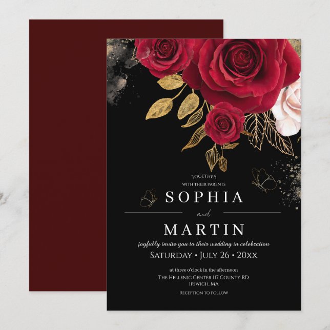 Invitation Roses Rustiques & Or Élégant Fleurs de Mariage  (Devant / Derrière)