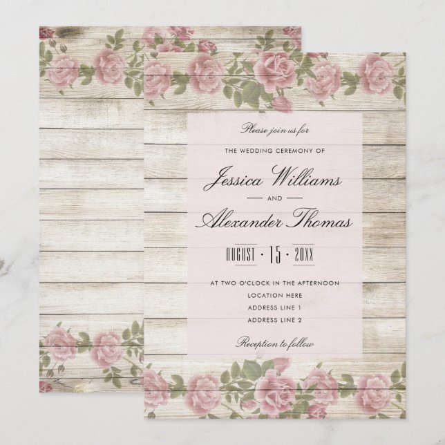 Invitation Roses Rustiques Sur Bois  Cérémonie de Mariage (Devant / Derrière)