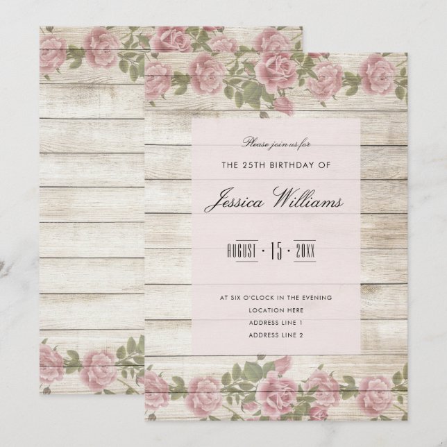 Invitation Roses Rustiques Sur Bois Fête D'anniversaire 25 An (Devant / Derrière)