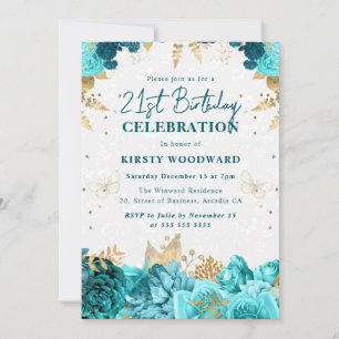 Invitation Roses sarcelles et or Floral 21e anniversaire