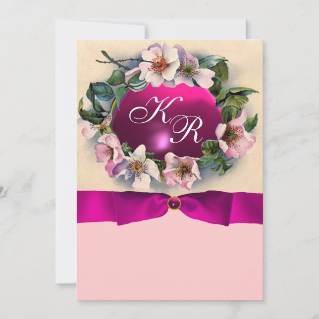 Invitation Roses SAUVAGES AVEC RIBBON ROSE, MONOGRAM (Devant)