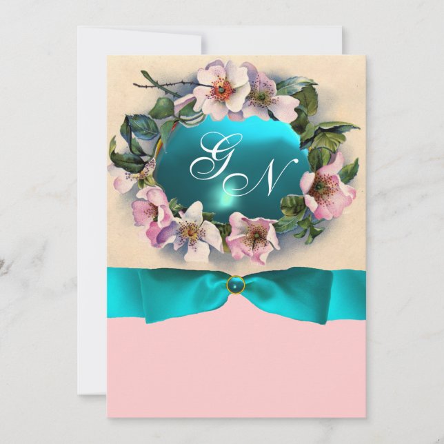 INVITATION ROSES SAUVAGES AVEC RUBAN BLEU TURQUOISE, MONOGRAM (Devant)