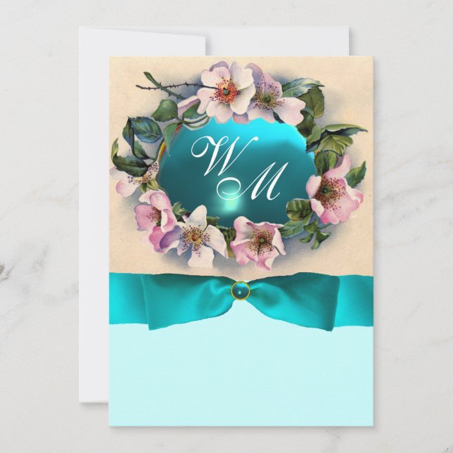 INVITATION ROSES SAUVAGES AVEC RUBAN BLEU TURQUOISE, MONOGRAM (Devant)