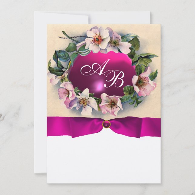 Invitation ROSES SAUVAGES AVEC RUBAN ROSE, MONOGRAMME Métal D (Devant)