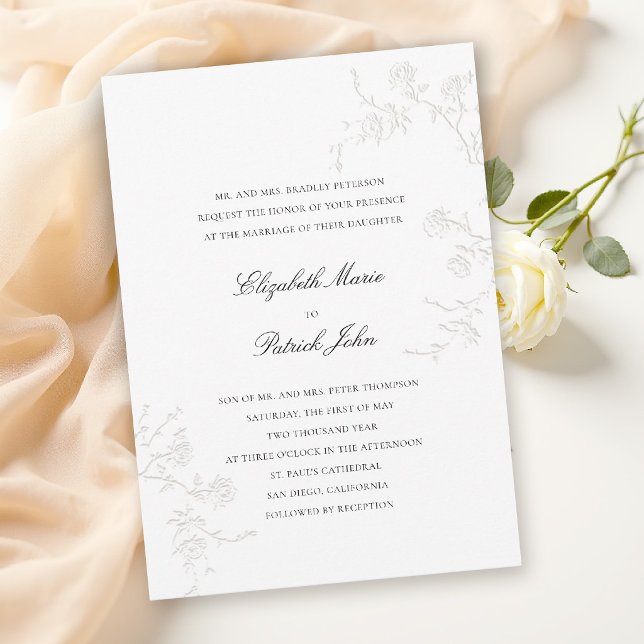 Invitation Roses sauvages blanches délicates mariage moderne  (modern classic wedding invitation card delicate wild roses wildflowers formal black tie ballroom wh)