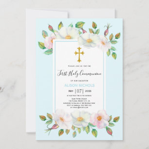 Invitation Roses sauvages blanches fleurs bleues pâles Premiè