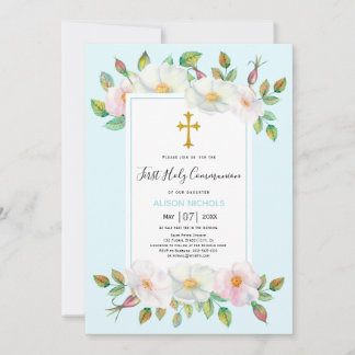 Invitation Roses sauvages blanches fleurs bleues pâles Premiè