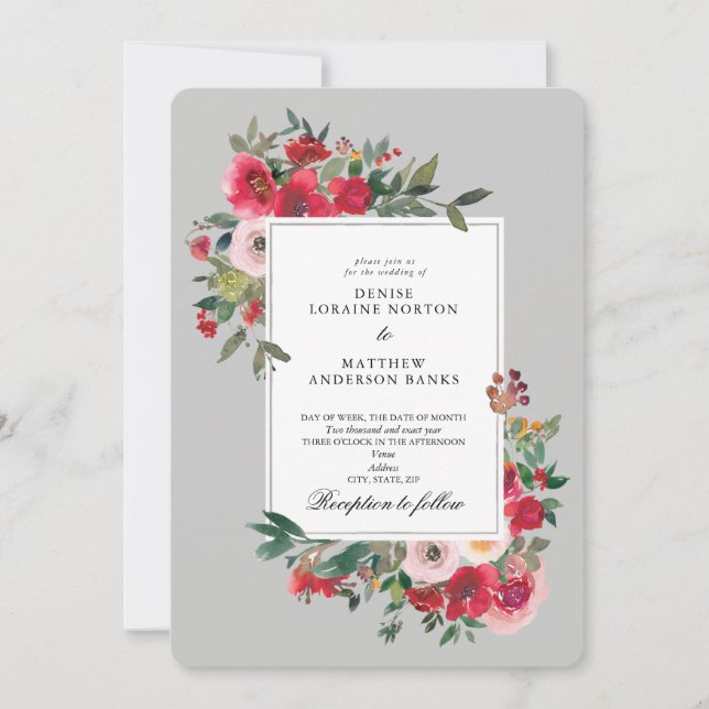 Invitation Roses sauvages et gris Antarctique (Devant)