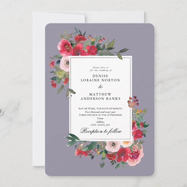 Invitation Roses sauvages et Gris Lavande (Devant)