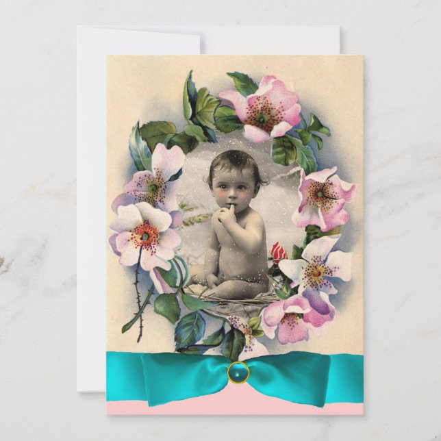 Invitation Roses SAUVAGES ET MODÈLE PHOTO BLEU RIBBON MONOGRA (Devant)