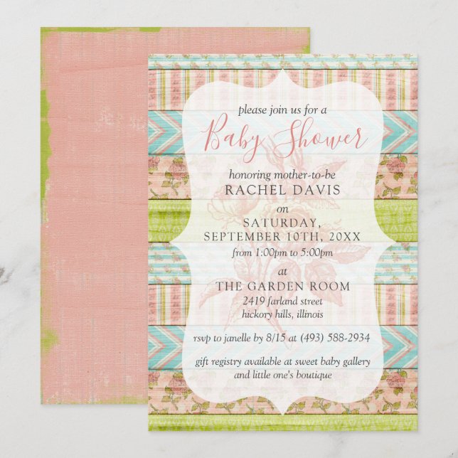 Invitation Roses Shabby Chic Fleurs Rustiques Baby Shower (Devant / Derrière)