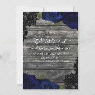 Invitation Roses Sombres Bleu Bois Rustique Mariage Dentelle