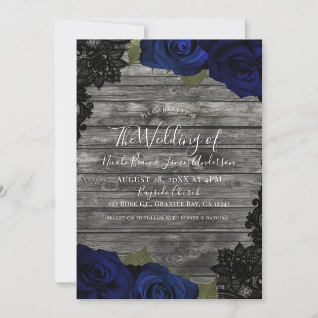 Invitation Roses Sombres Bleu Bois Rustique Mariage Dentelle  (Devant)