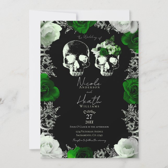 Invitation Roses squelette de crâne vert émeraude mariage got (Devant)