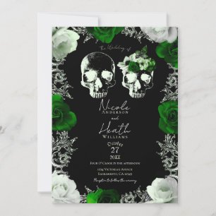 Invitation Roses squelette de crâne vert émeraude mariage got