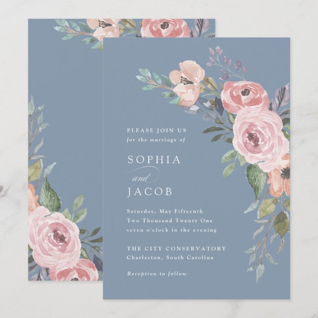 Invitation Roses subtils d'aquarelle | Dusty Blue Mariage (Devant / Derrière)