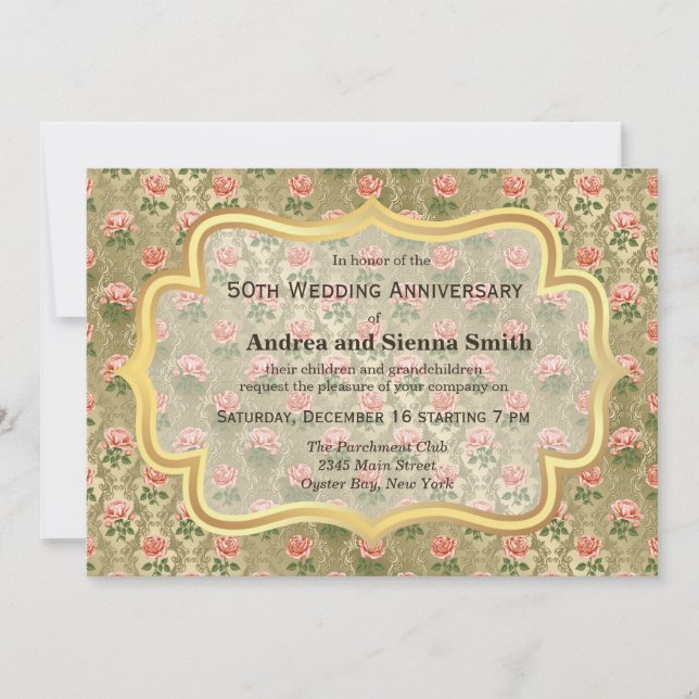 Invitation Roses sur or antique Anniversaire (Devant)