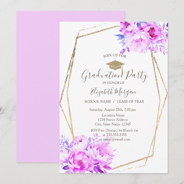 Invitation Roses Teinte Violette, Casquette de Diplômé, Remis (Devant / Derrière)