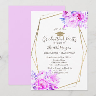Invitation Roses Teinte Violette, Casquette de Diplômé, Remis