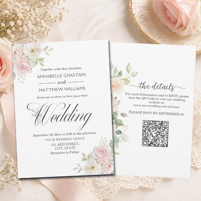 Invitation Roses Tendres Blush Tout en Un Code QR Mariage (Créateur téléchargé)