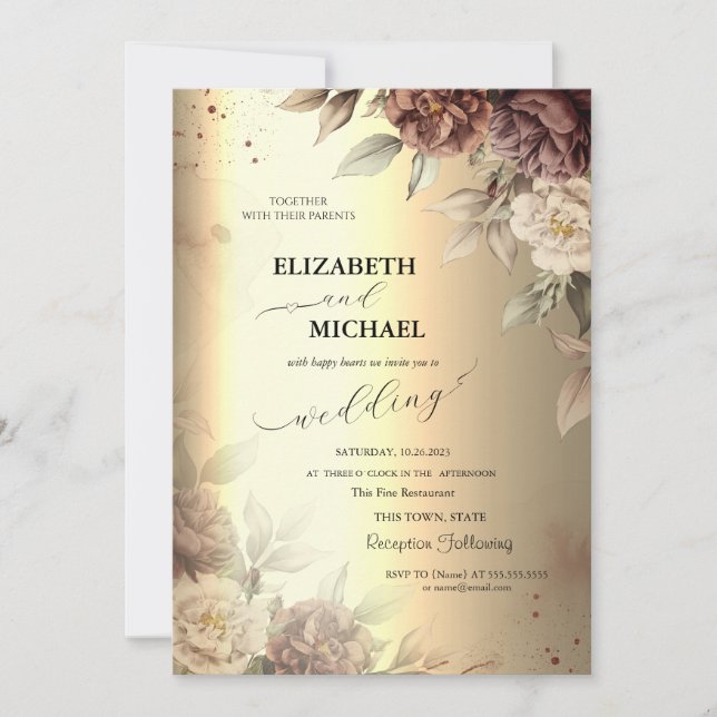 Invitation Roses Terracotta Élégant Mariage  écriture dorée  (Devant)