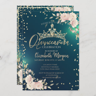 Invitation Roses, Tiare d'or, Diamants Green Quinceañera