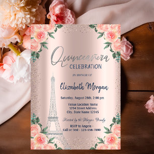 Invitation Roses, Tour Eiffel, Fleurs, Rose Gold Quinceañera