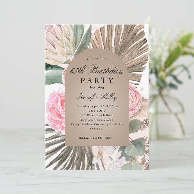 Invitation Roses tropicaux, Fête d'anniversaire Arch Boho enc (Debout devant)