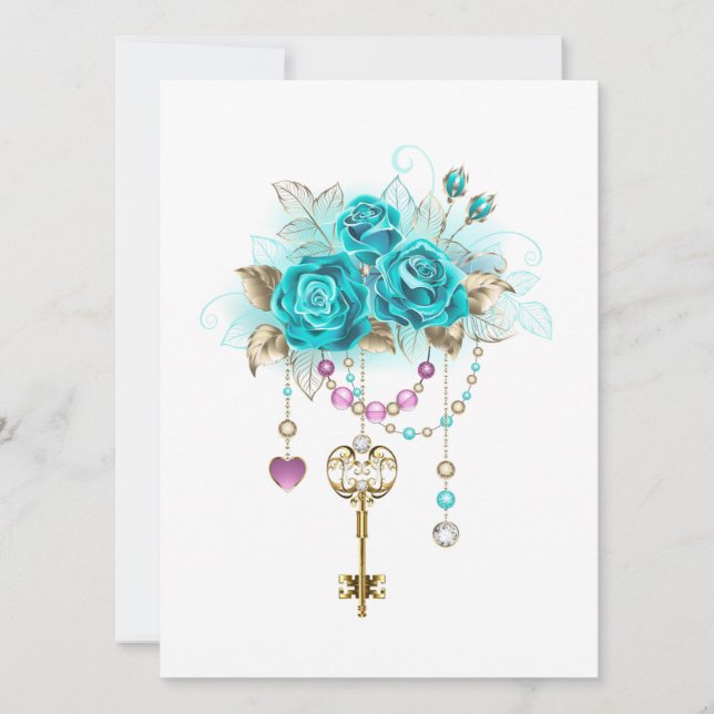 Invitation Roses turquoise avec touches (Devant)