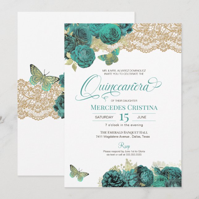 Invitation Roses turquoise et papillon de dentelle Quinceañer (Devant / Derrière)