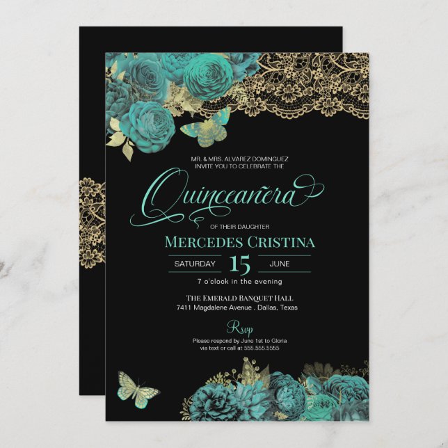 Invitation Roses turquoise et papillon de dentelle Quinceañer (Devant / Derrière)