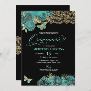 Invitation Roses turquoise et papillon de dentelle Quinceañer