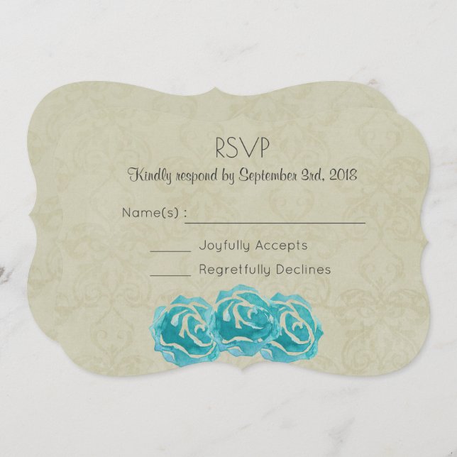 Invitation Roses turquoises d'aquarelle sur Tan Mariage damas (Devant / Derrière)