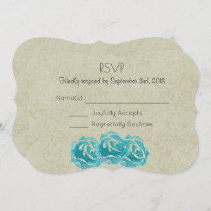 Invitation Roses turquoises d'aquarelle sur Tan Mariage damas