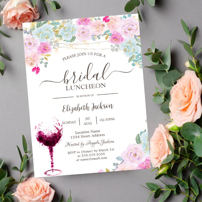 Invitation Roses, Verre à Vin Déjeuner de Mariée (Créateur téléchargé)