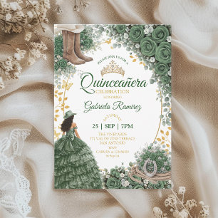 Invitation Roses Vert Émeraude Occidentales Quinceañera de Ca