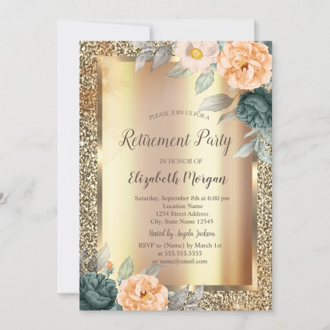 Invitation Roses Vert Jaune Paillettes Or Retraite (Devant)