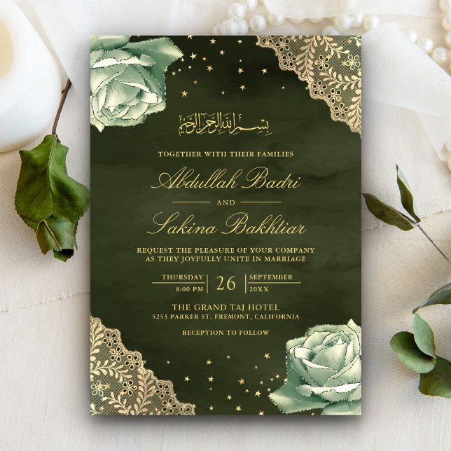 Invitation Roses Vert Sauge Broderie Or Code QR Mariage Musul (Créateur téléchargé)