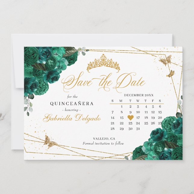 Invitation Roses verts & Gold Quinceañera Enregistrer la date (Devant)