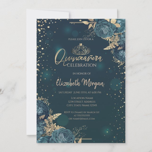 Invitation Roses verts, Tiare d'or, Diamonds Quinceañera (Devant)