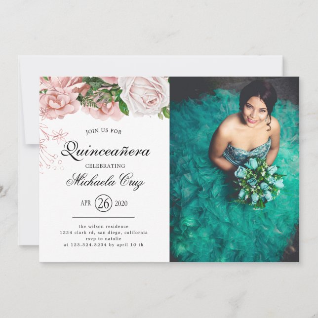 Invitation Roses vintages Blush sur Quinceanera blanc (Devant)