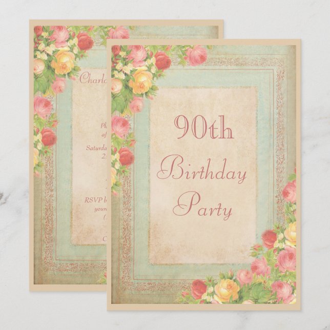 Invitation Roses Vintages élégants 90e anniversaire (Devant / Derrière)
