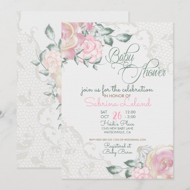 Invitation Roses vintages et Baby shower dentelle antique (Devant / Derrière)