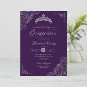 Invitation Roses violet et argent élégant Quinceañera