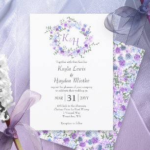 Invitation Roses violet et bleu clair Mariage couronne